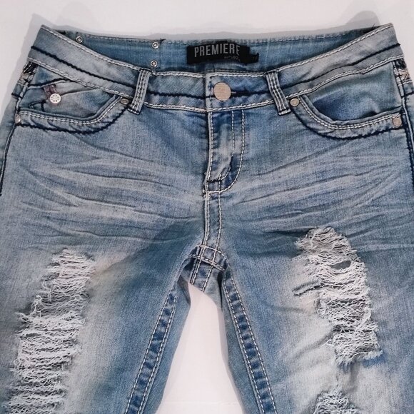 Premiere by rue21 jeans hard washed distressed ripped blue women's size 7/8 R - Picture 2 of 15